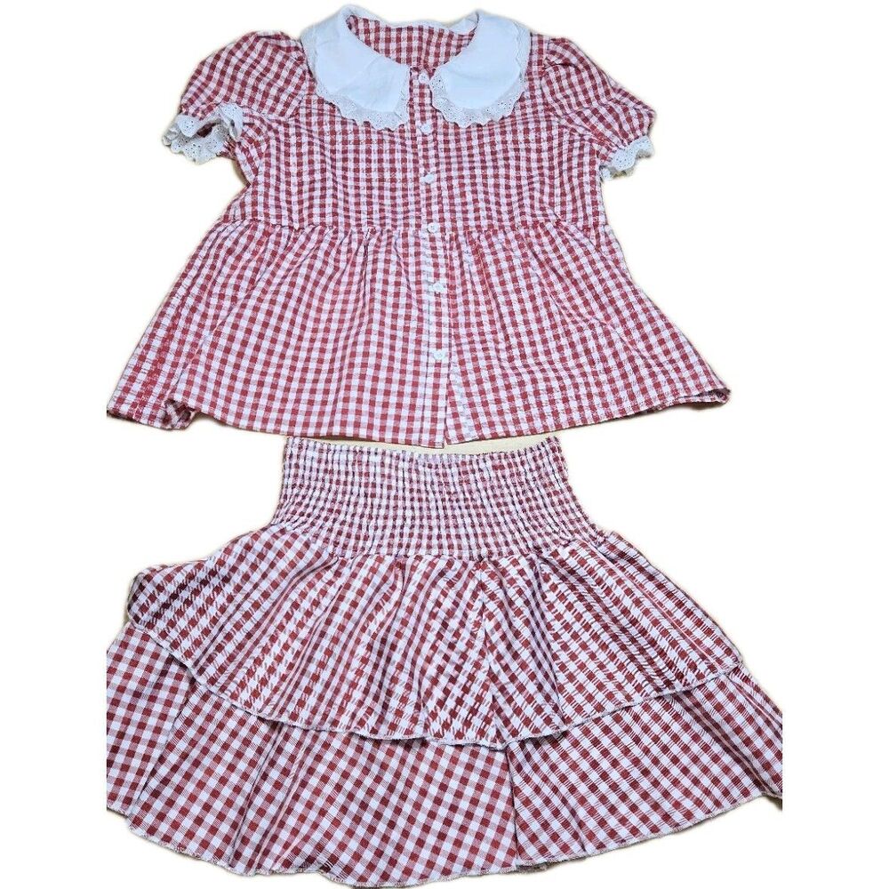 Vtg Gingham Skirt Blouse Red White Checkered Square Dance 100% Cotton XS SMALL